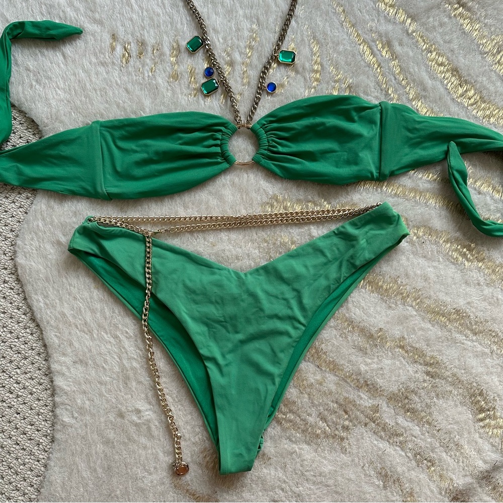 WeWoreWhat Green Bandeau Bikini with Gold Chain Detail - Picture 2 of 6